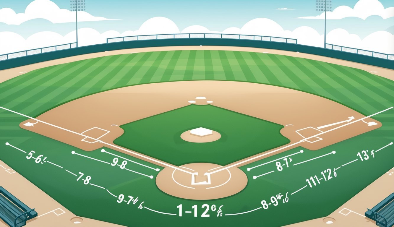 Baseball field showing a pitching mound with multiple colored distance markers extending toward home plate, representing different pitching distances by age.