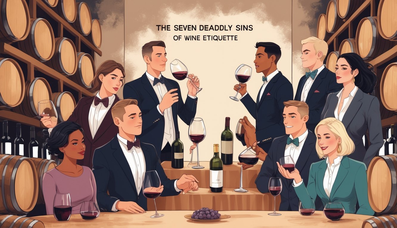 A group of people in a wine tasting room making common wine etiquette mistakes, such as holding glasses incorrectly, pouring wine improperly, and talking loudly, surrounded by wine bottles and barrels.