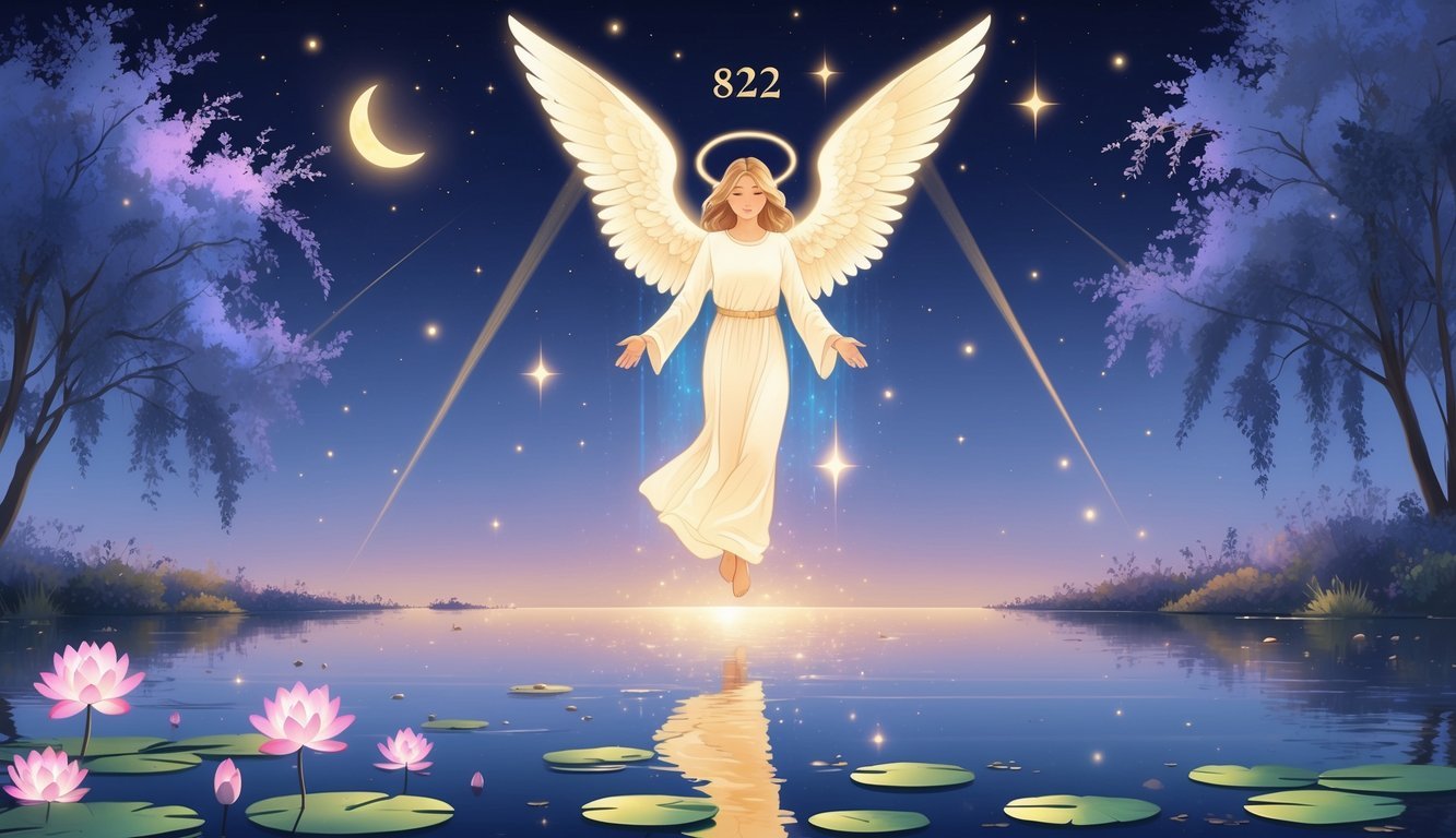 An angel with glowing wings hovers over a calm lake at twilight, surrounded by lotus flowers and willow trees under a starry sky.