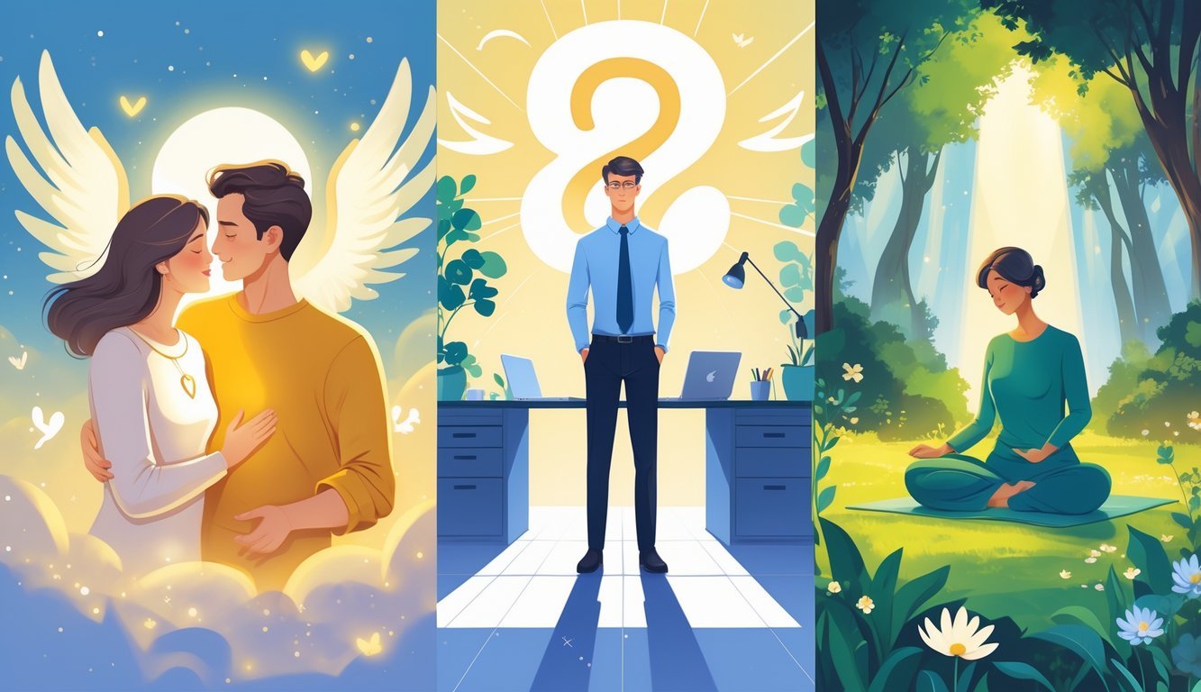 Three scenes showing a supportive relationship, a person succeeding at work, and someone meditating in nature, symbolizing spiritual guidance and personal growth.