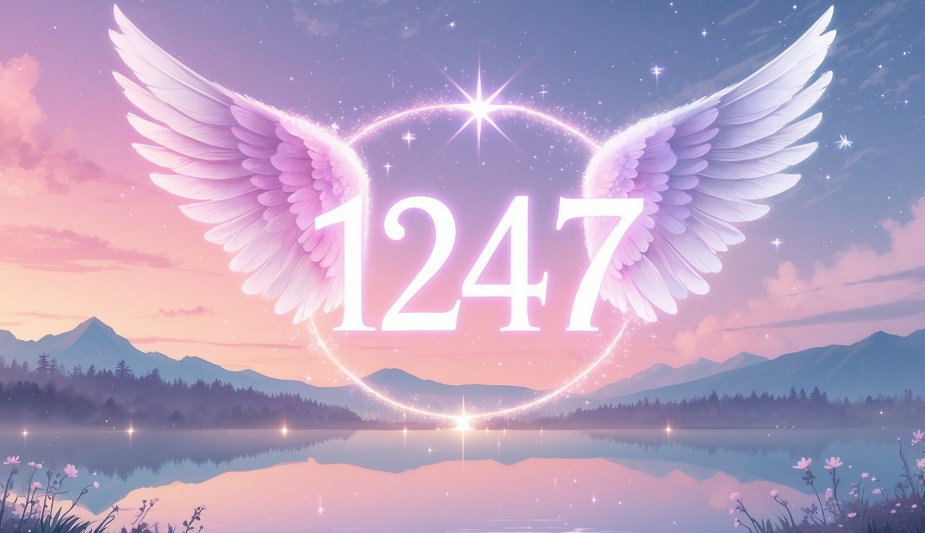 A peaceful dawn scene with soft pastel sky colors, glowing angel wings, and the faint number 1247 appearing in the background above a calm lake and distant mountains.