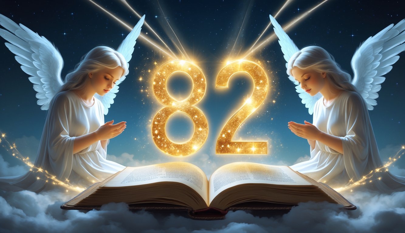 A glowing number 822 floats above an open ancient book, surrounded by translucent angelic figures and soft beams of light under a twilight sky with stars.