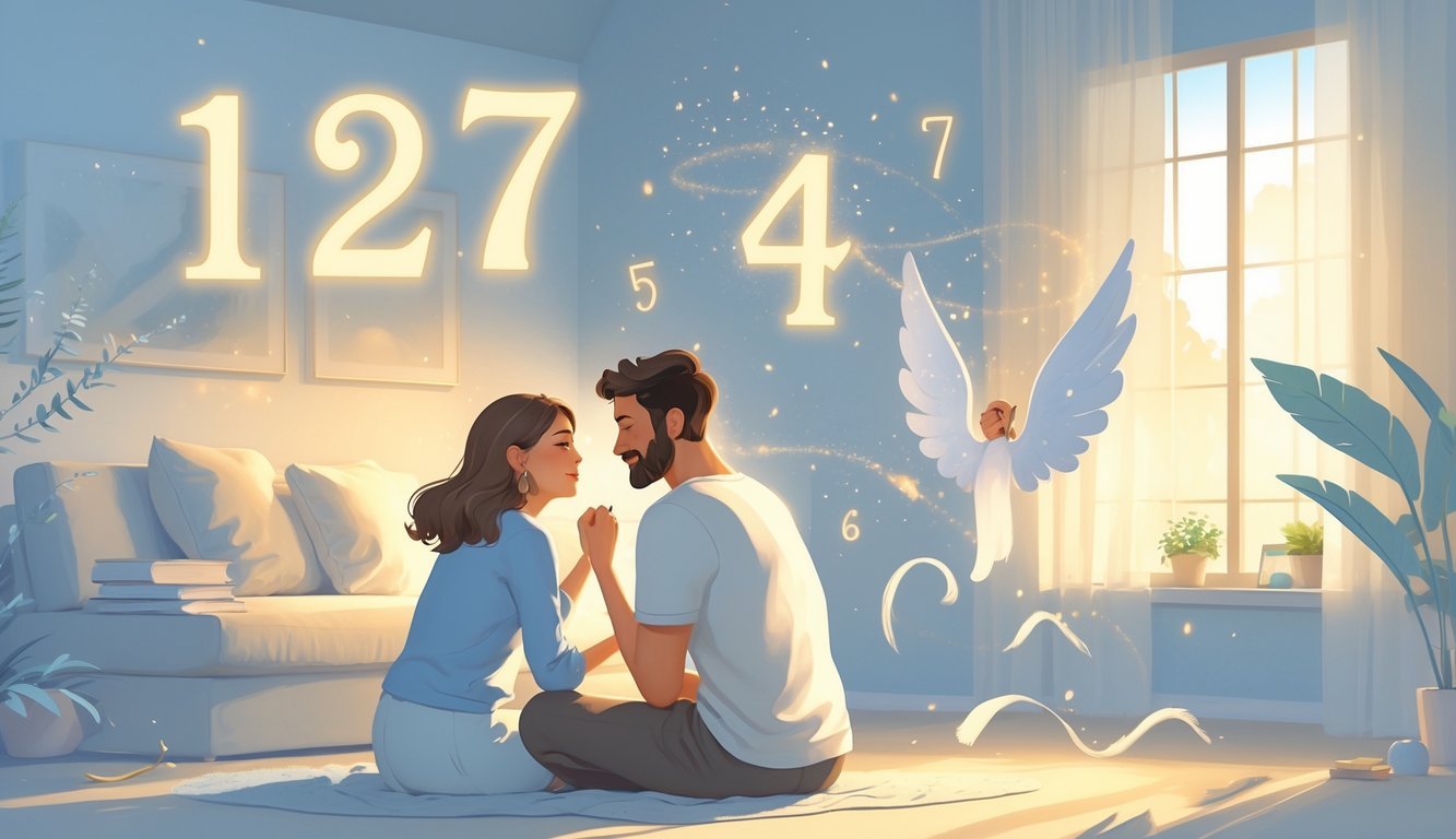 A couple sharing a warm moment in a softly lit room with glowing numbers floating around them and faint angelic figures in the background.