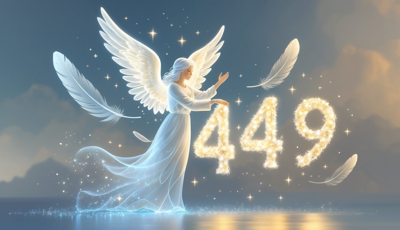 A glowing angel with outstretched wings surrounded by light particles forming the numbers 4949, set against a serene, luminous background with symbols of guidance and transformation.
