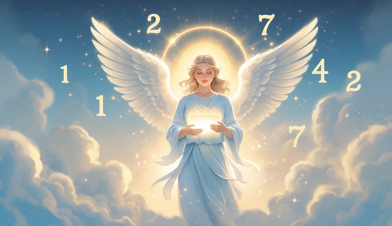 An angel with glowing wings holding a luminous scroll surrounded by floating numbers 1, 2, 4, and 7 in a soft, glowing celestial background.