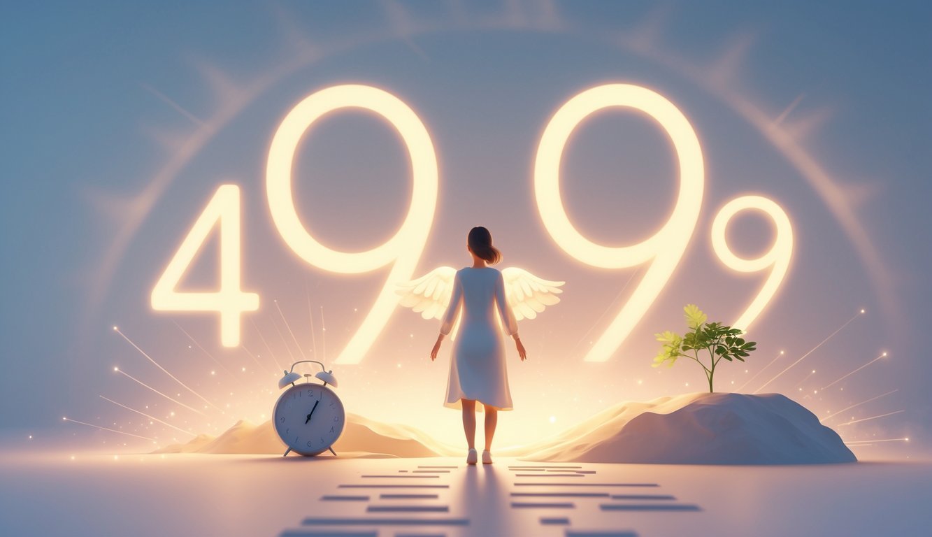 A calm figure surrounded by glowing lights and symbols representing growth, time, and a path forward, set in a soft, glowing environment.