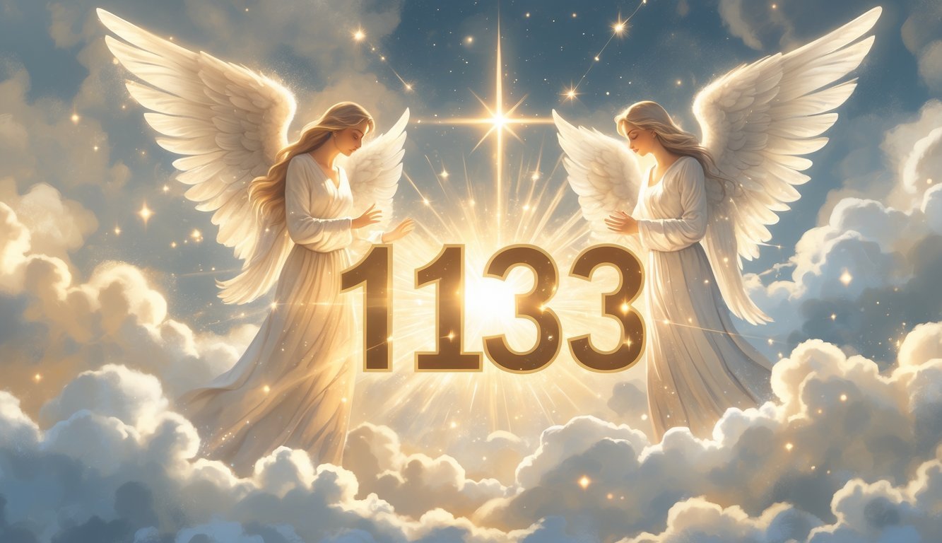 A glowing number 1133 surrounded by angelic figures with wings and soft beams of light in a peaceful, celestial sky.