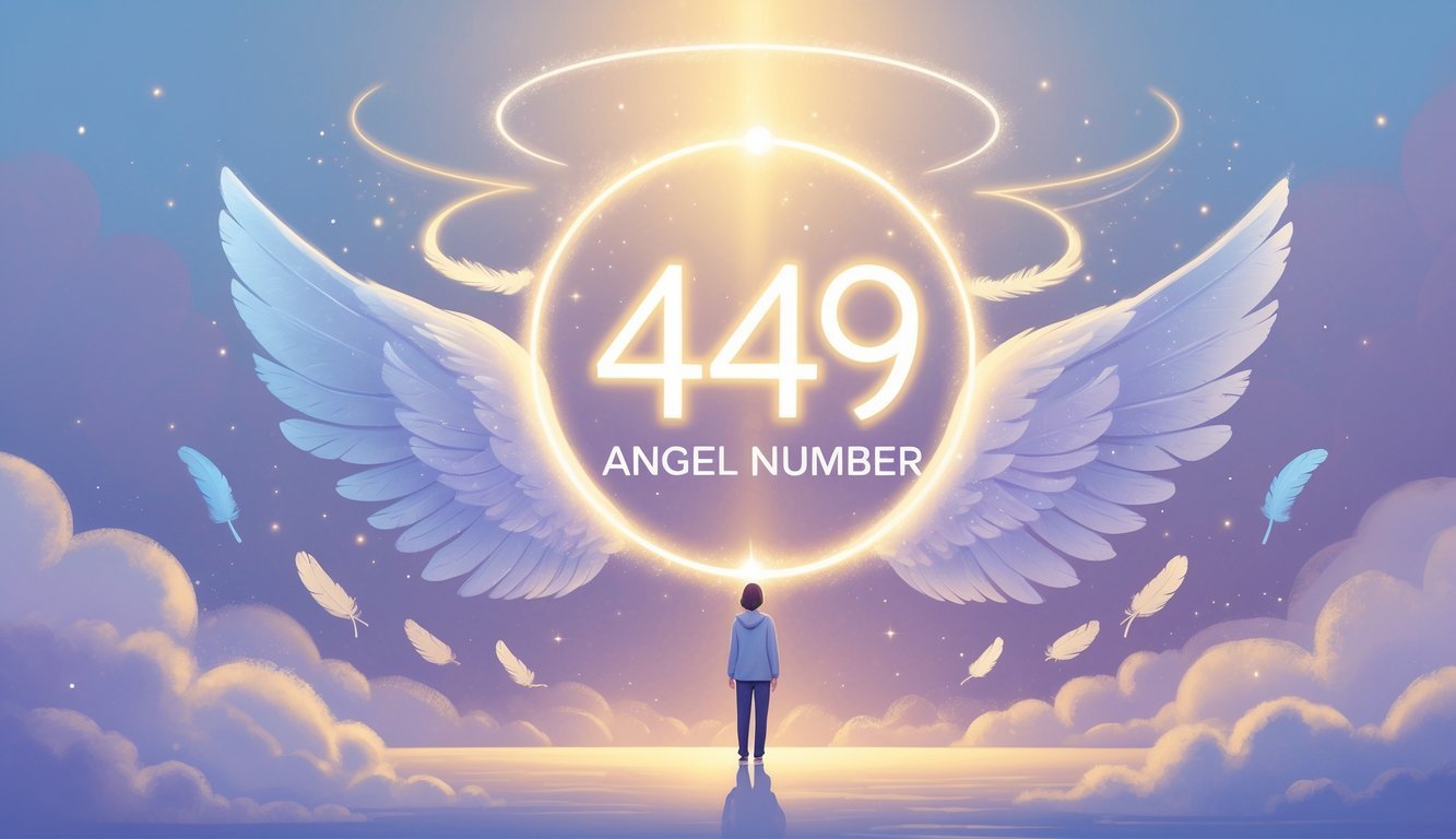 A person looking up at a glowing number 4949 surrounded by angel wings and soft light in a calm, celestial sky.