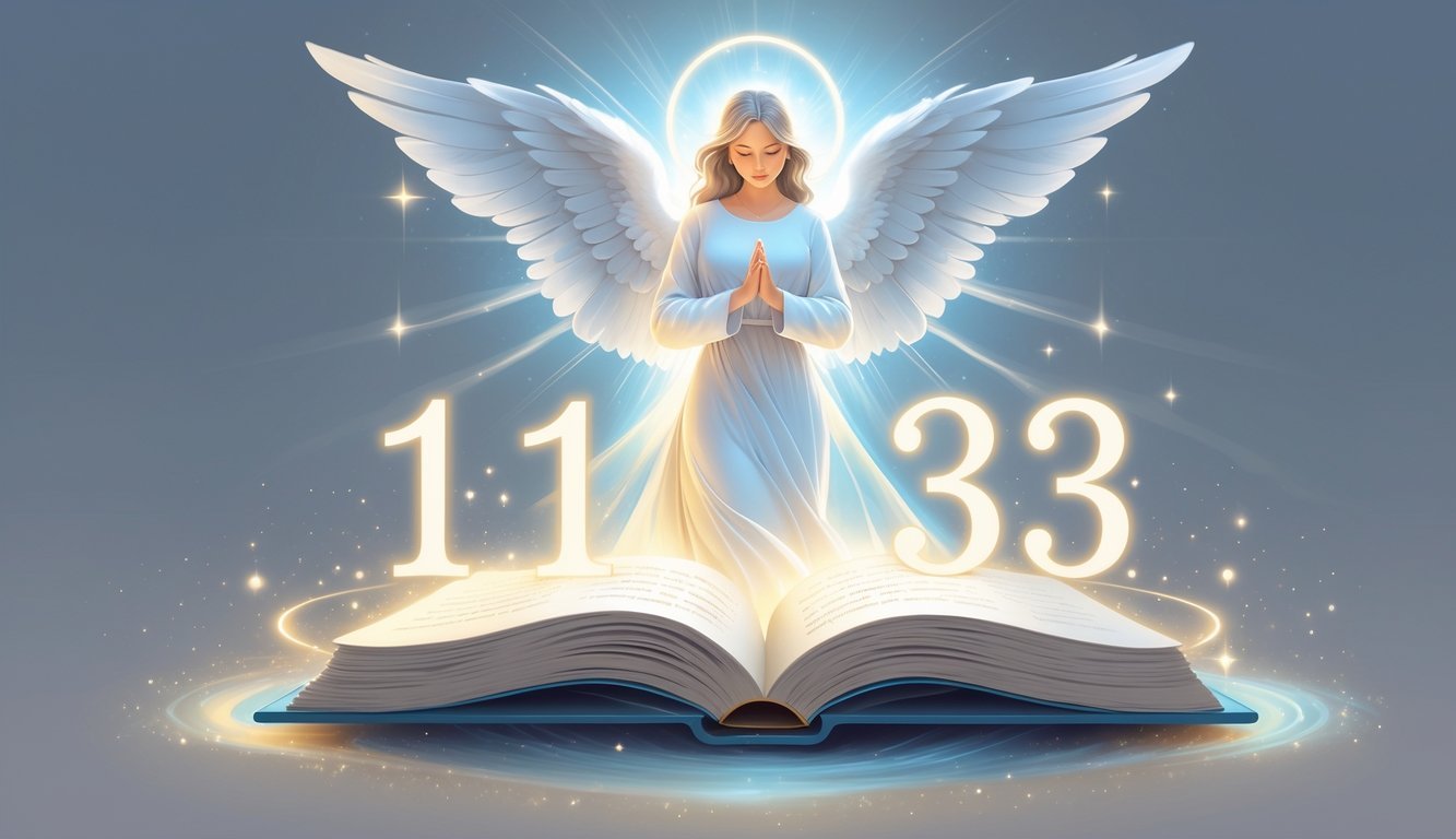 An angelic figure with glowing wings hovers over an open book surrounded by softly glowing numbers 1133 in a calm, celestial setting.