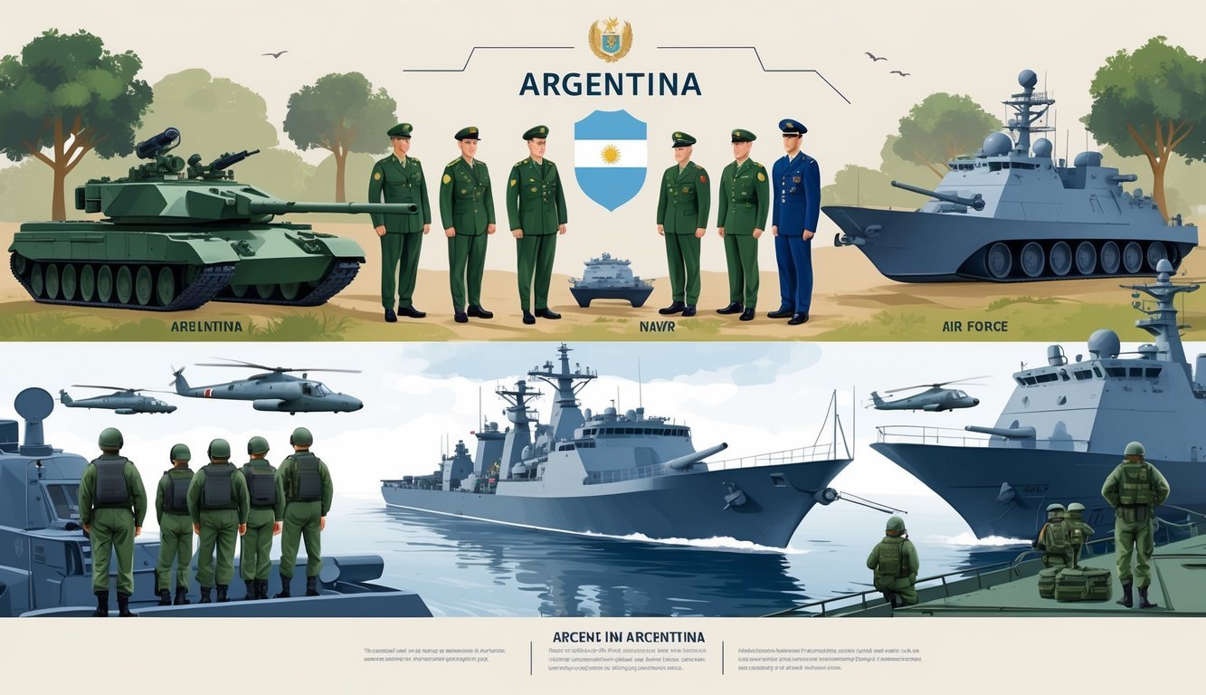 Illustration showing the Argentine military with soldiers, sailors, and pilots representing the Army, Navy, and Air Force, alongside military vehicles and aircraft, set against a faint map outline of Argentina.