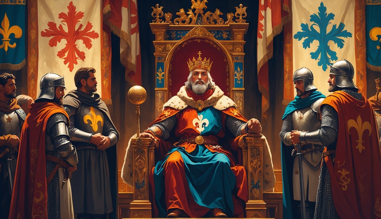 Charlemagne seated on a throne in a grand hall, wearing a crown and robes, surrounded by advisors and knights with a map of his empire in the background.