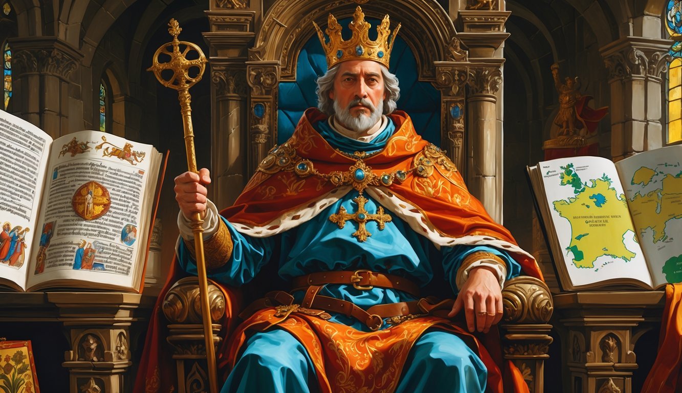 A medieval emperor wearing a crown and royal robes sits on a throne in a grand hall, holding a scepter and orb, surrounded by a manuscript, a map, and medieval architectural elements.