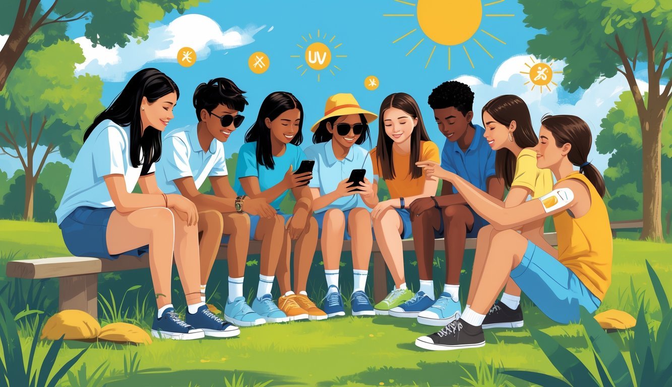 A group of diverse teenagers outdoors looking at a smartphone, learning about skin protection on a sunny day in a park.