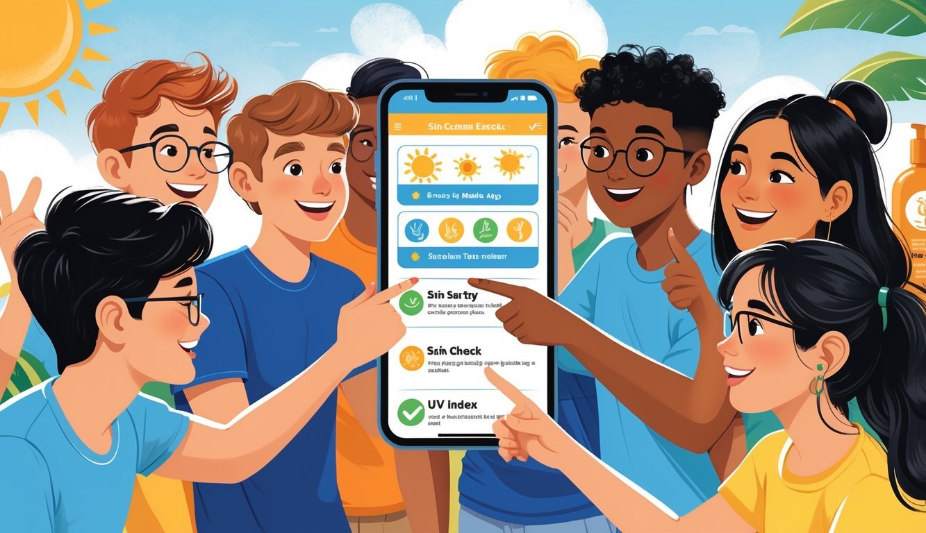 A group of teenagers gathered around a smartphone using a skin cancer education app outdoors on a sunny day.