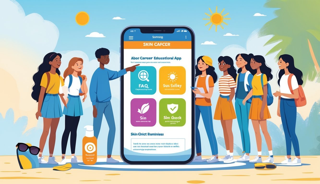 A group of teenagers gathered around a large smartphone showing an educational app about skin cancer, with sun protection items nearby.