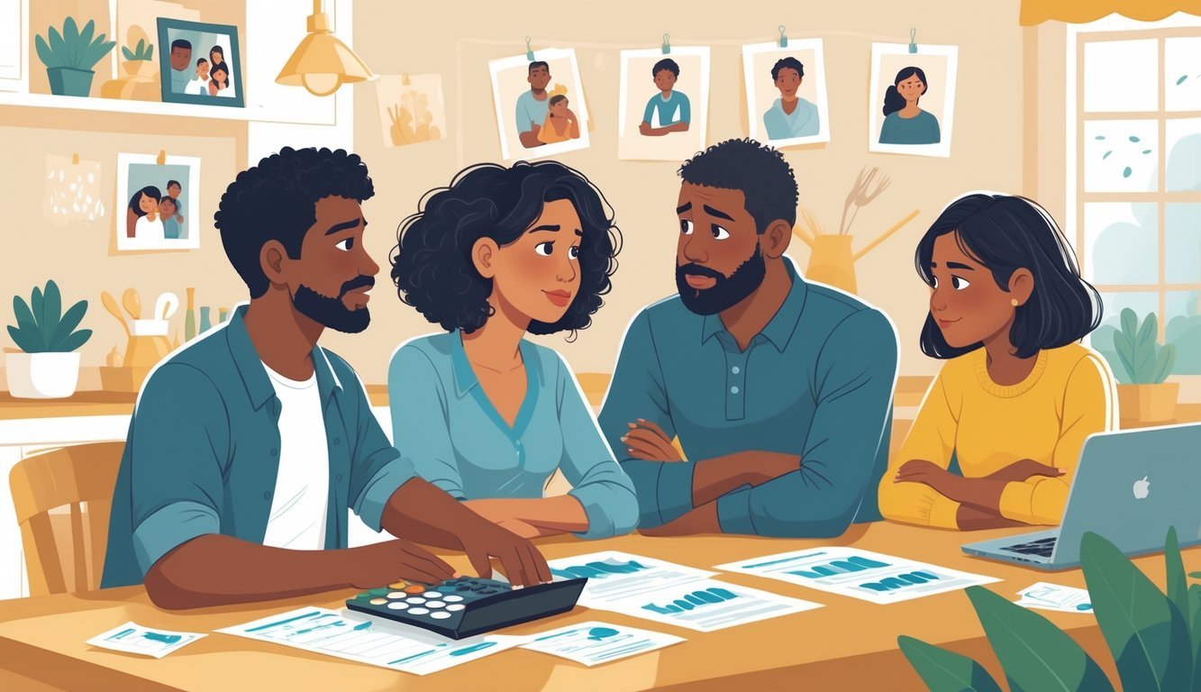 A family of four discussing finances at a table with a counselor offering support in a cozy home setting.