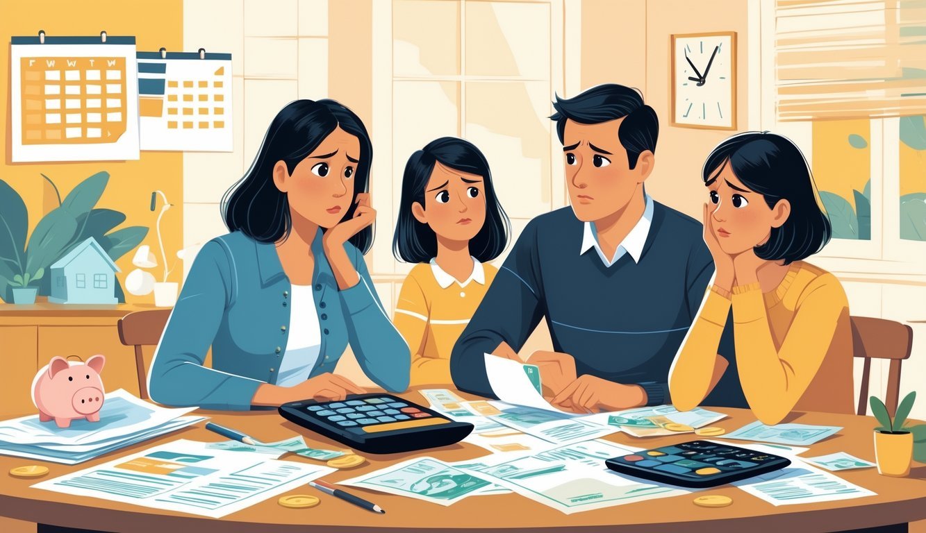 A family of four sitting at a table with bills and a calculator, looking worried about finances.