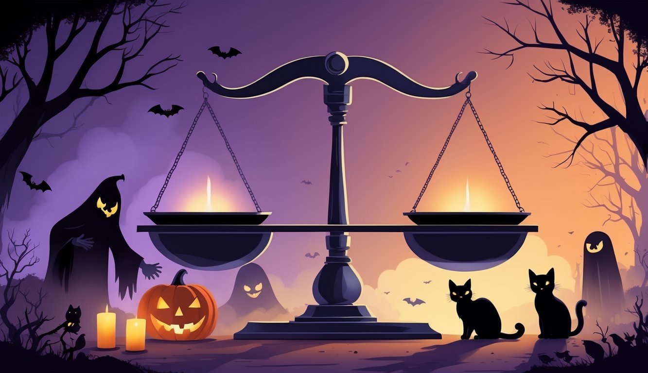 A balanced scale showing a middle point between too scary and not scary enough, with spooky but friendly Halloween elements around it.