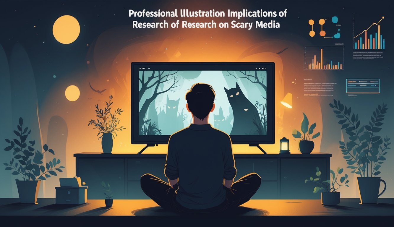 A person watching a horror movie with a balanced mix of spooky shadows and warm light, surrounded by subtle scientific charts.