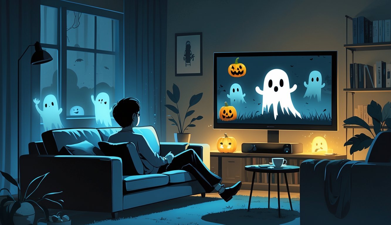 A person sitting on a couch watching a horror movie with gentle spooky shadows on one side and playful Halloween decorations on the other.