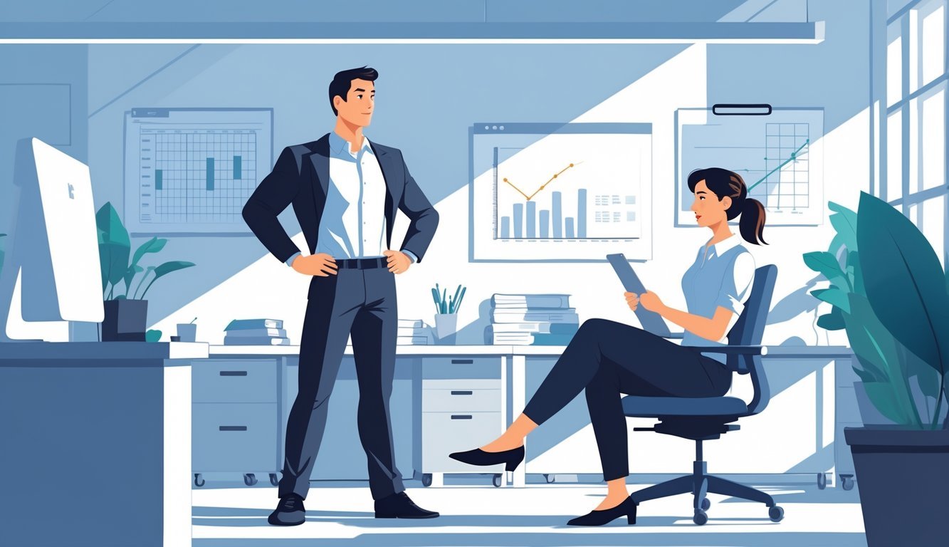 Two people in an office; one stands confidently with hands on hips, the other sits nearby observing thoughtfully with a tablet.