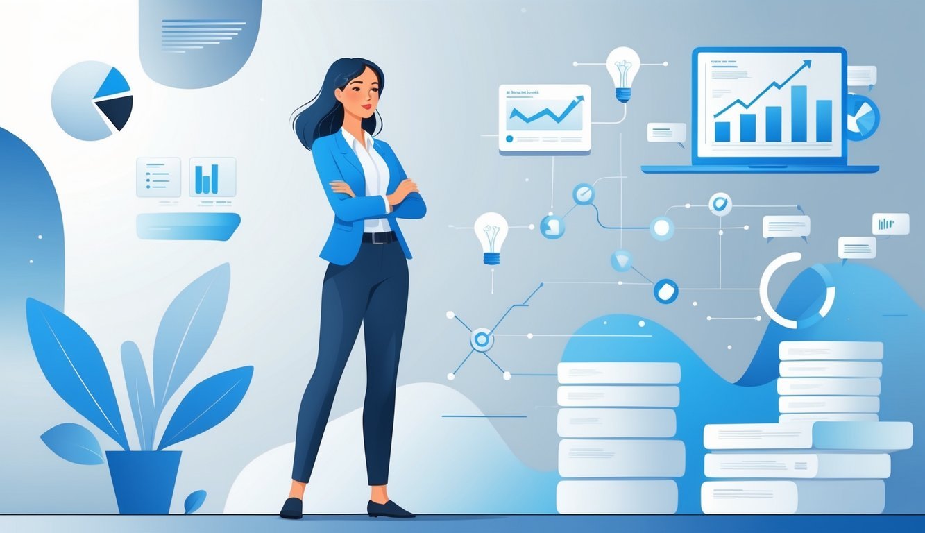A confident businesswoman standing thoughtfully in a modern office with floating icons representing data and insights around her.