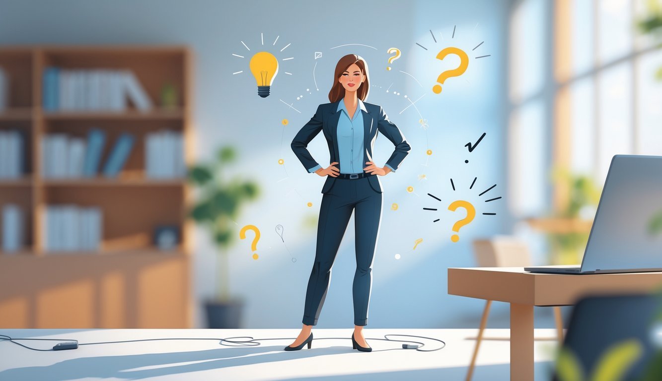 A confident woman standing in a power pose in a modern office with floating symbols representing clarity and understanding.