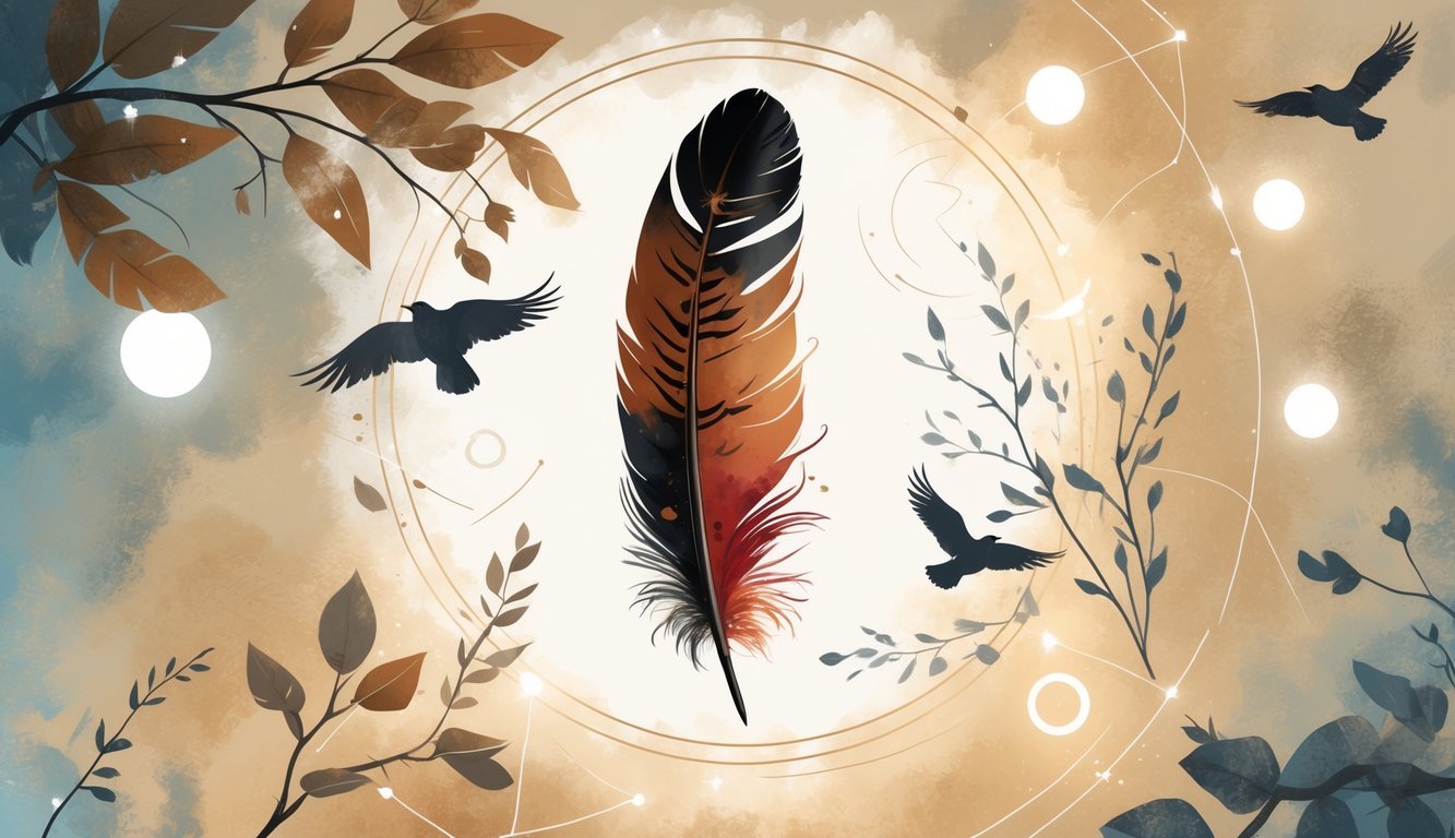 A detailed illustration of a Northern Flicker feather surrounded by soft glowing light, geometric shapes, and natural elements like leaves and birds in flight.