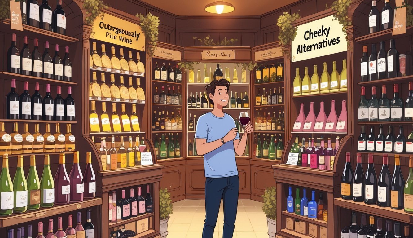 A person in a wine shop comparing expensive luxury wines on one side with affordable, playful alternative wines on the other.