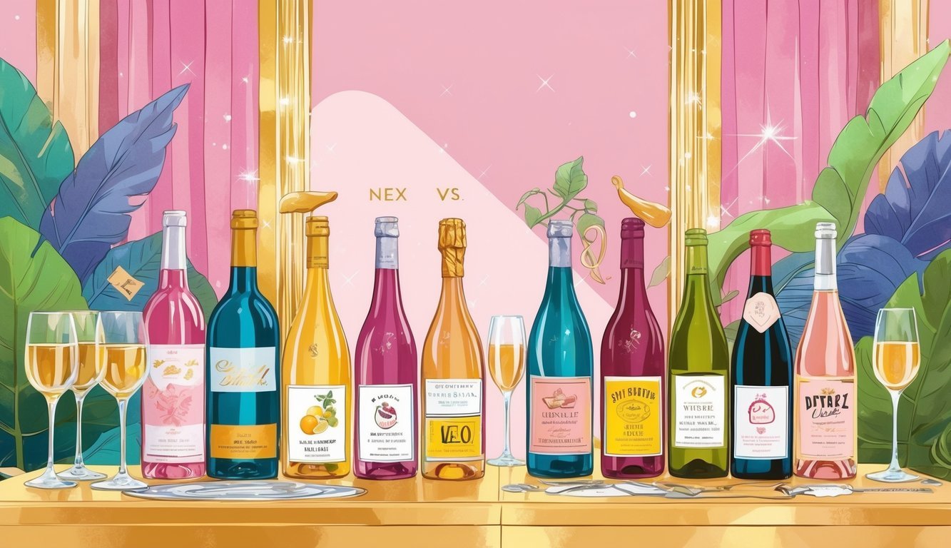 Two tables side by side showing expensive wine bottles and glasses on one side and affordable, casual wine bottles and glasses on the other, highlighting a comparison between pricey and budget-friendly wines.