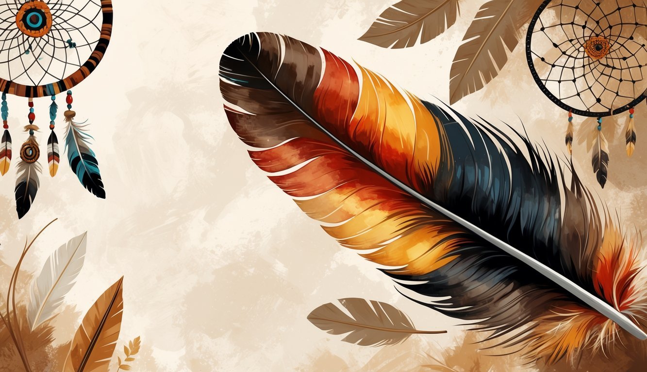 A detailed image of a northern flicker feather surrounded by Native American cultural symbols and natural elements.