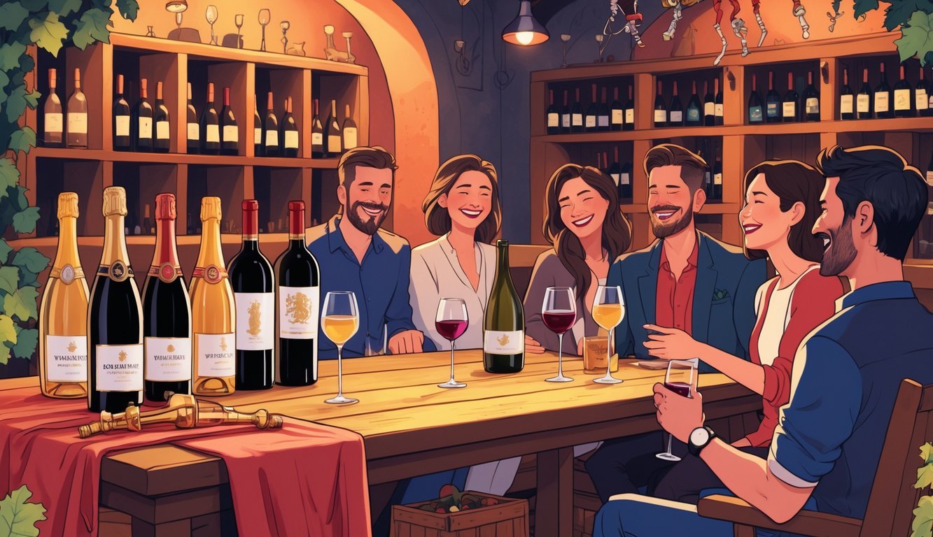 A group of people enjoying wine together around a table displaying both expensive and affordable wine bottles in a warm, inviting wine cellar.