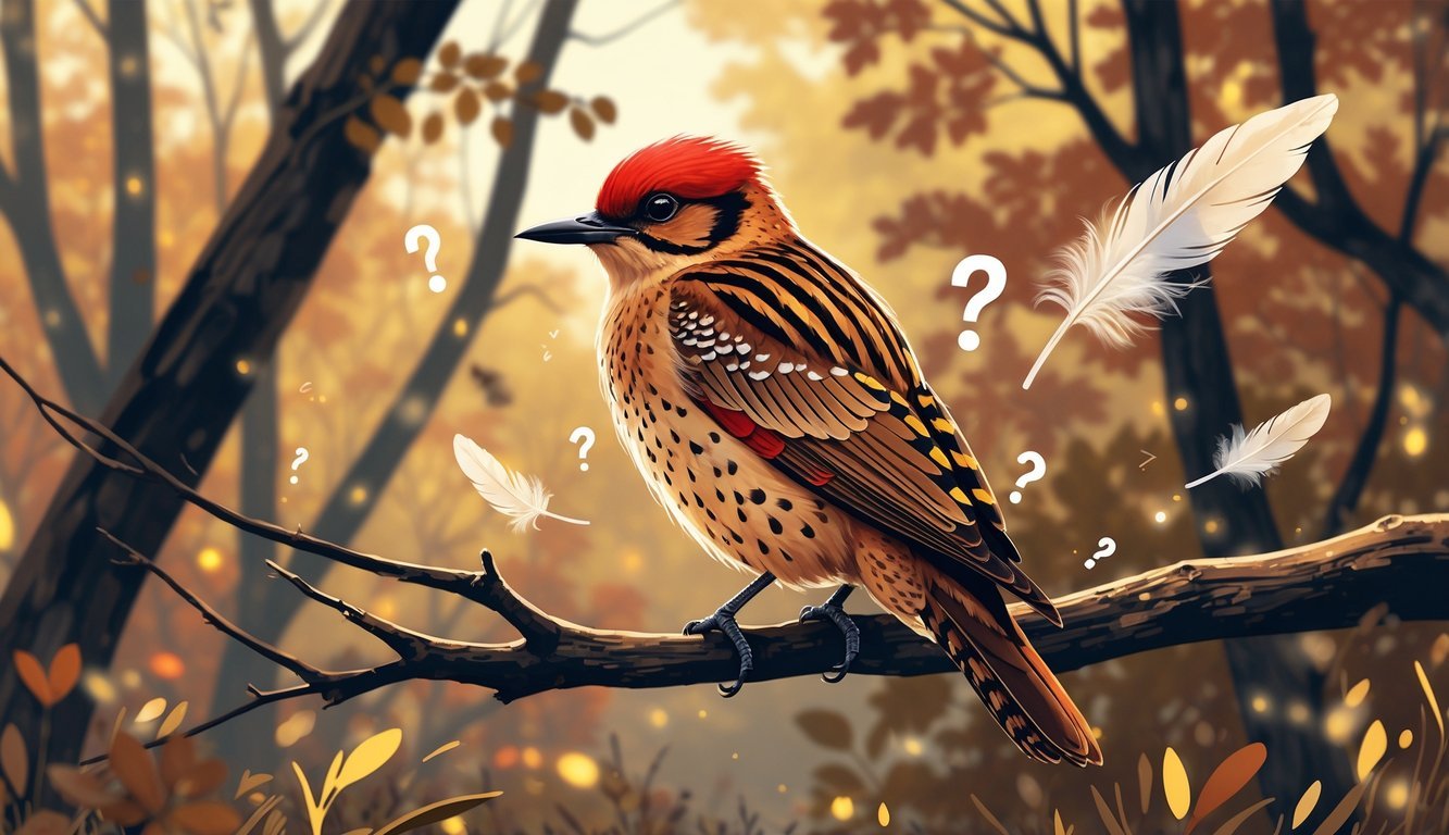 A northern flicker bird perched on a tree branch with detailed feathers and glowing feathers floating around it in a woodland setting.