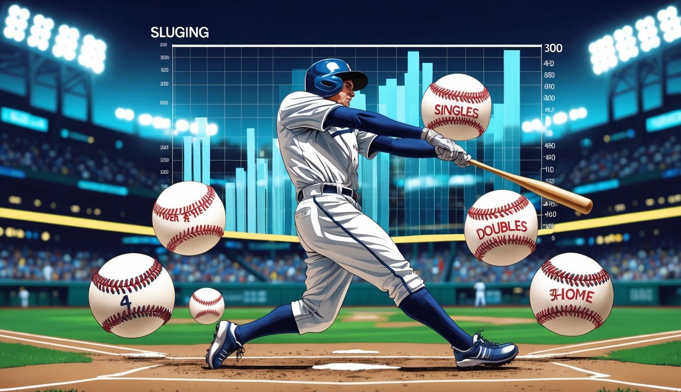 A baseball player hitting a ball powerfully with visual icons representing different types of hits and a subtle background chart showing increasing values.