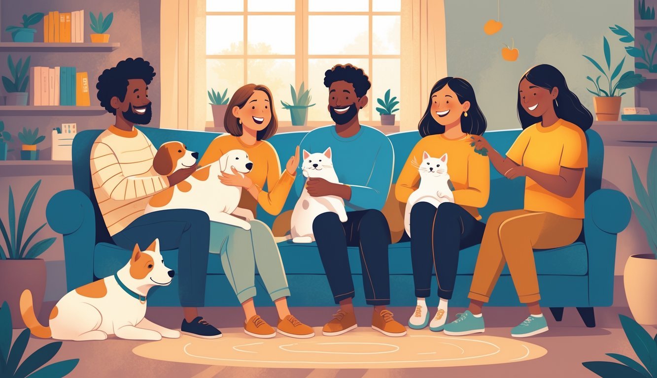 People at home happily spending time with their pets, including a dog, a cat, and a bird, showing companionship and comfort during lockdown.
