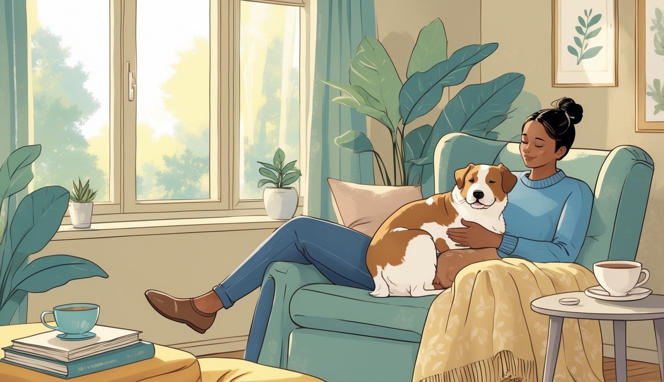A person sitting in a chair petting a dog with a cat resting nearby in a cozy room by a window.