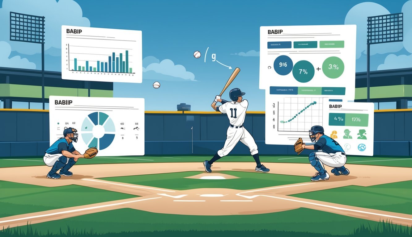 A baseball field scene showing a batter hitting a ball with fielders ready to catch it, alongside graphical elements illustrating baseball statistics.