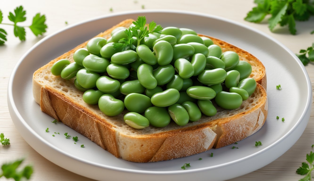 A plate with toasted bread topped with green faba beans and a sprig of fresh herbs.