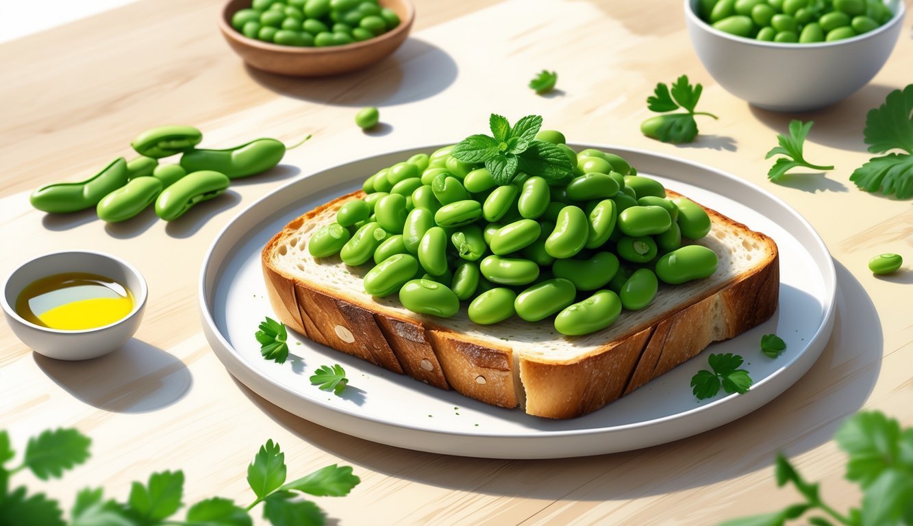 A plate with toast topped with cooked green faba beans, surrounded by fresh faba bean pods and herbs on a wooden table.
