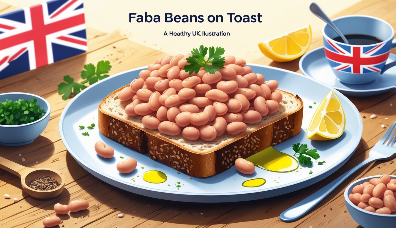 A slice of toast topped with cooked faba beans and fresh herbs on a wooden table, with small bowls of seasonings and a British flag in the background.
