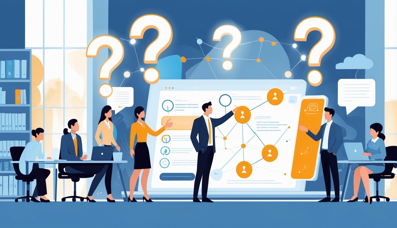 A group of people interacting with floating question marks and answer icons in a bright office setting, with a professional pointing at a digital interface showing connections between questions and solutions.