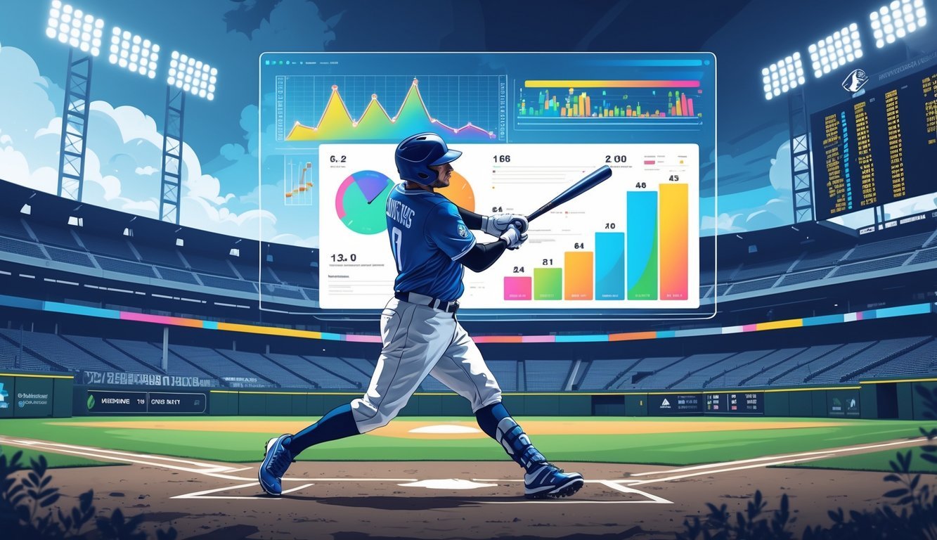 A baseball player swinging a bat at the plate in a stadium with an overlay of colorful charts and graphs representing baseball statistics.