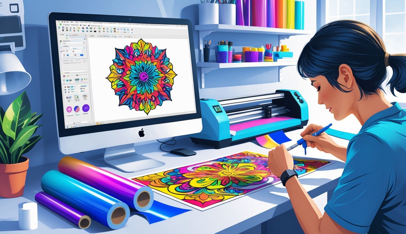 A person designing and preparing custom vinyl decals in a workspace with a computer, cutting machine, and vinyl materials.