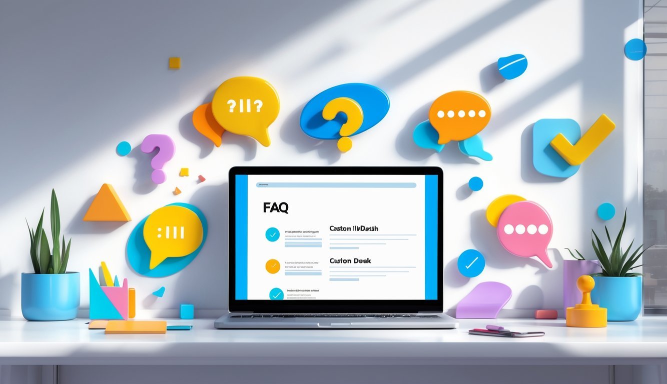 A workspace with a laptop and colorful vinyl decals featuring question marks and speech bubbles arranged around it.