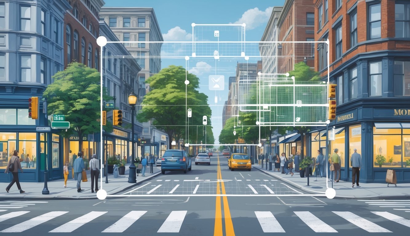 A city street scene showing buildings, people, cars, and street signs with digital overlays representing visual data analysis.