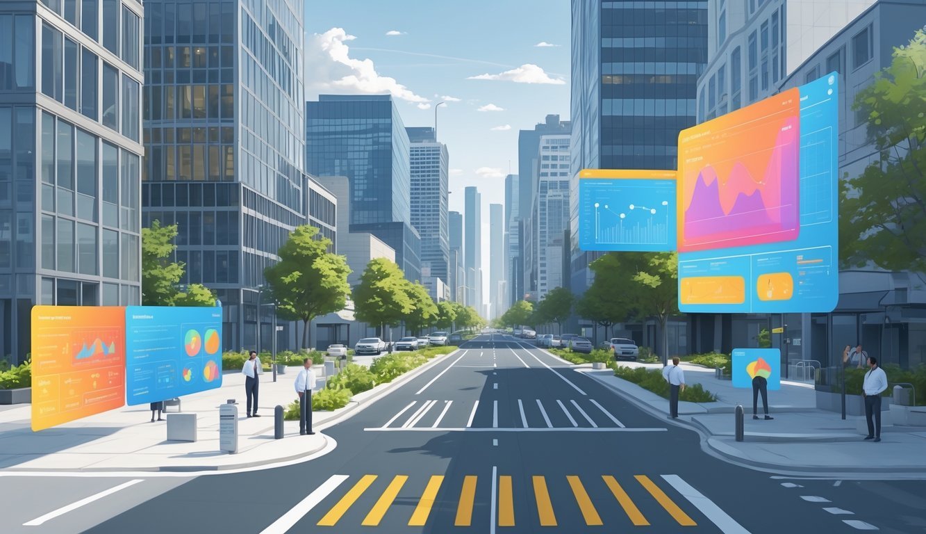 A city street scene showing buildings, roads, people, and digital data overlays representing urban planning and analysis.