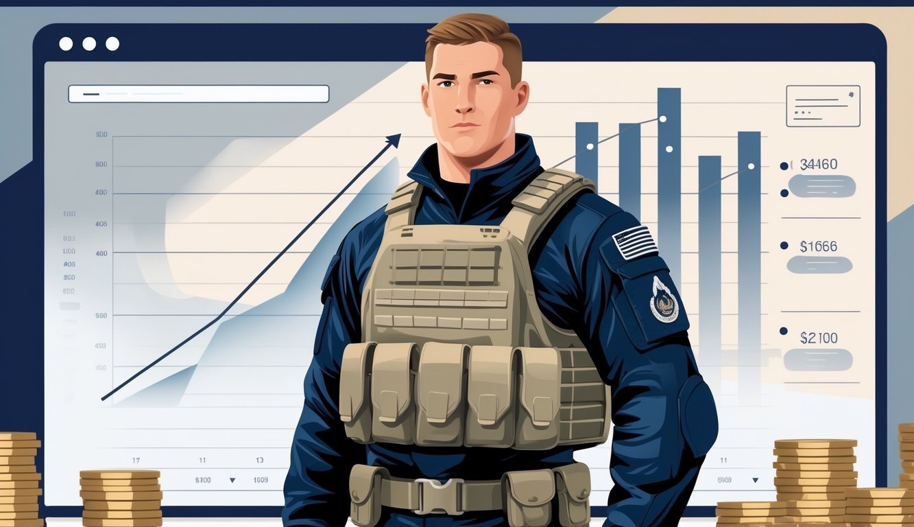 A Navy SEAL in full tactical gear stands confidently with financial charts and symbols representing salary and compensation in the background.