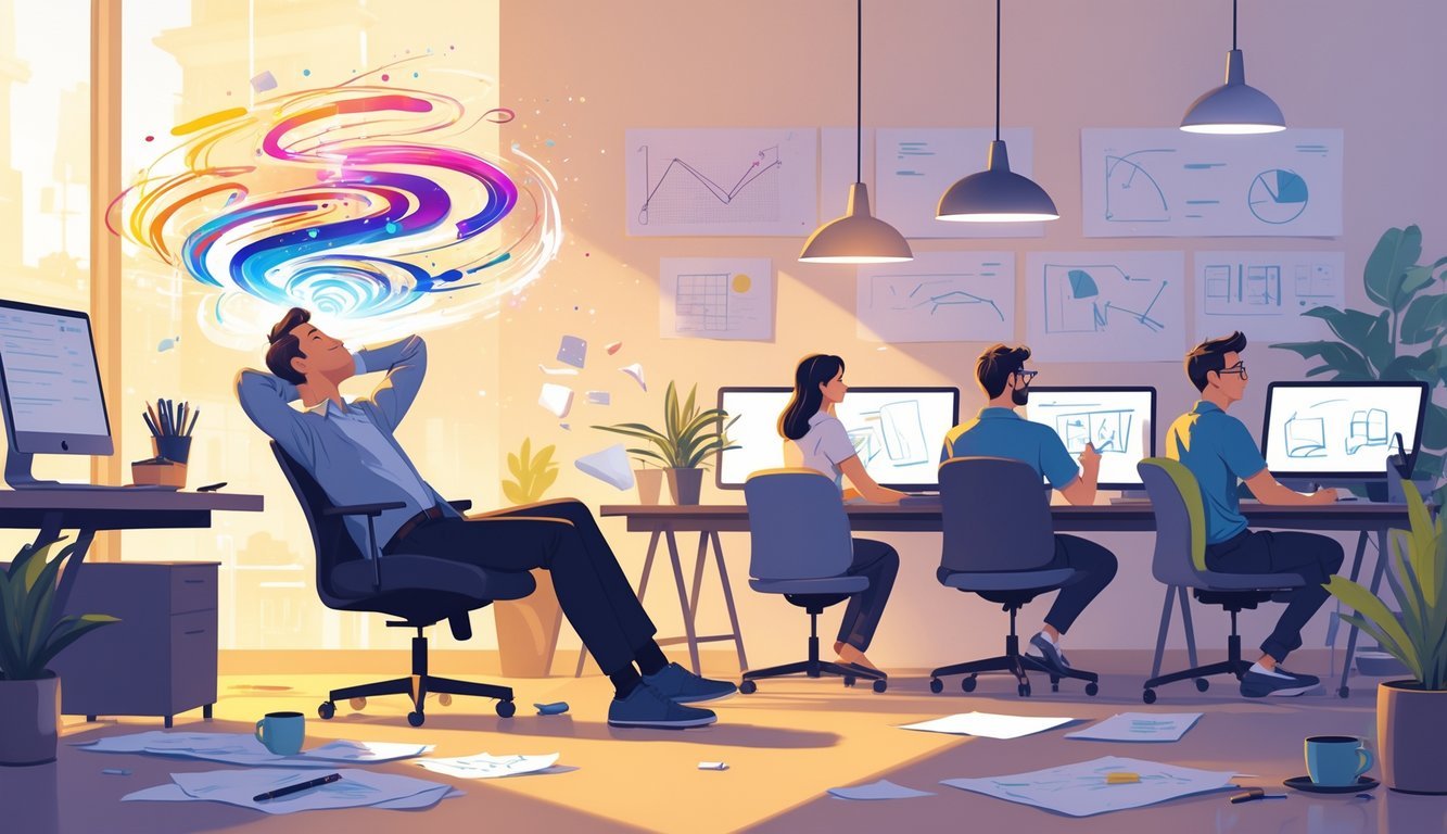 Office workers taking a break in a modern workspace, with one person daydreaming and colorful ideas swirling above, while others sketch and chat, illustrating creativity sparked during moments of pause.