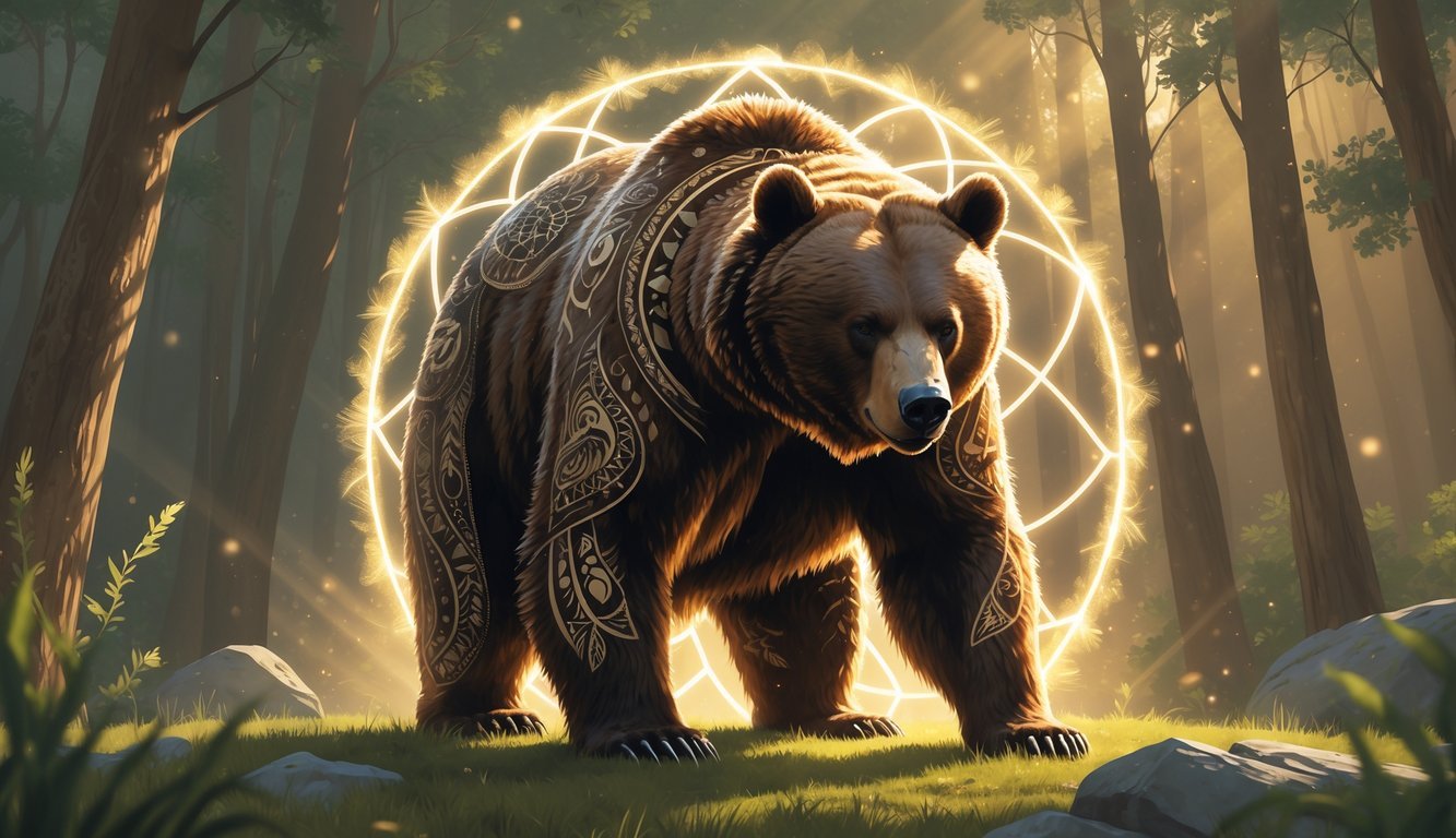 A majestic bear standing calmly in a forest with glowing light and subtle spiritual patterns, symbolizing strength and wisdom.