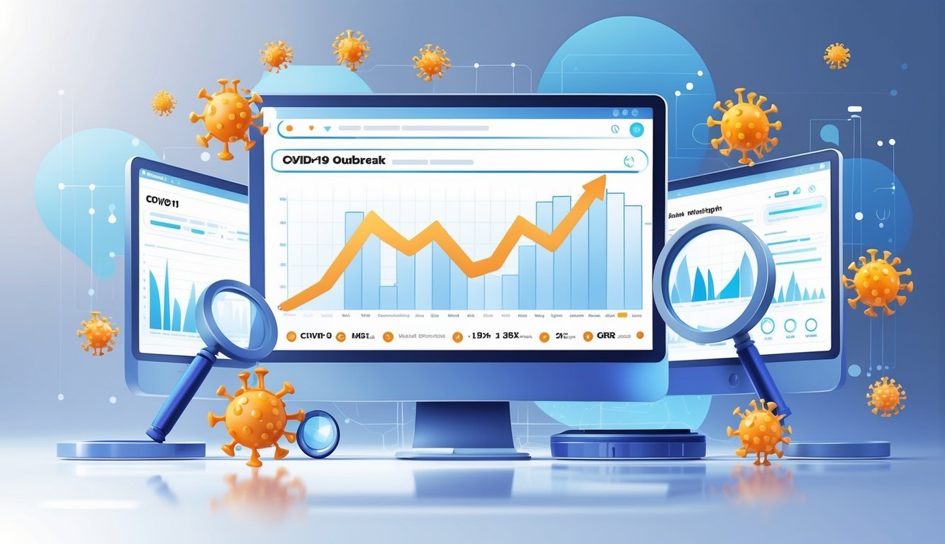A digital interface showing graphs and data representing predictions of COVID-19 outbreaks based on web searches, with abstract virus icons and magnifying glasses around the screens.